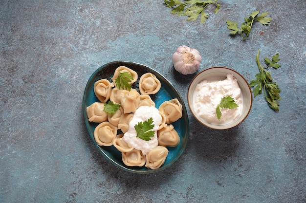 Dumplings à la viande maison servis avec de la crème sure et du persil frais sur assiette.