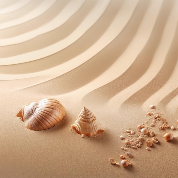 Une dune de sable avec des coquillages et du sable avec un motif de sable en arrière-plan.