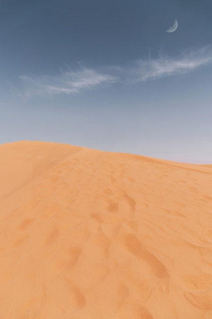 Dune de sable géante dans le désert et un ciel bleu avec un long nuage de jungle et la lune