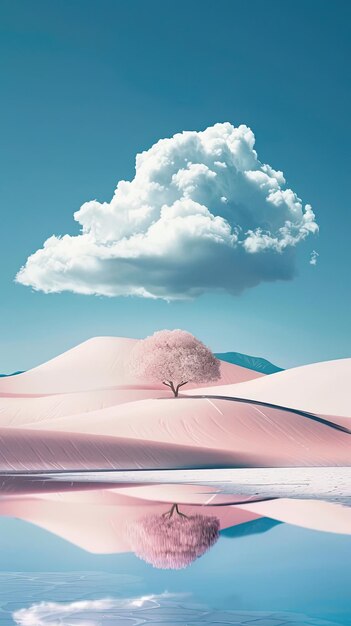 une dune de sable rose avec un arbre au sommet