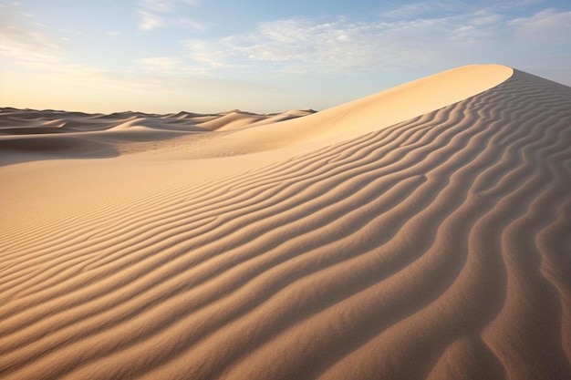 une dune de sable avec le soleil se couchant derrière