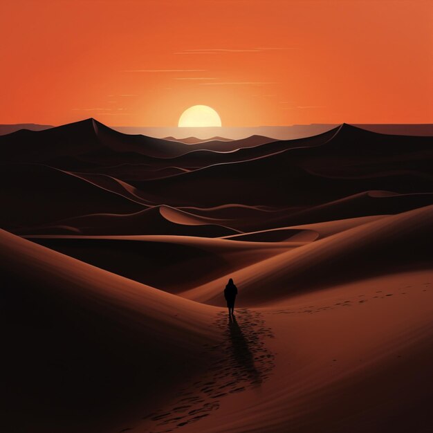 Des dunes au coucher du soleil avec une silhouette d'une personne
