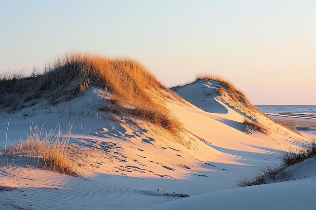 Les dunes brillent dans la lumière du soir.