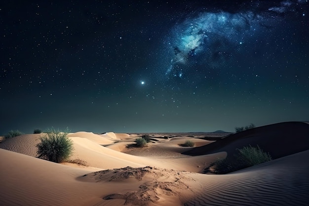 Dunes du désert dans la nuit avec ciel étoilé et clair de lune