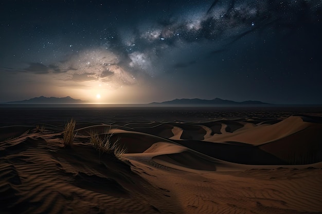 Dunes du désert avec vue sur le ciel étoilé et les étoiles scintillantes