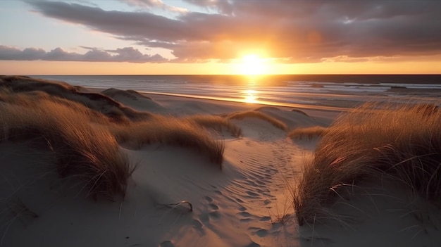 Dunes le long de la mer du Nord au coucher du soleil Allemagne 8k UHD Generative Ai