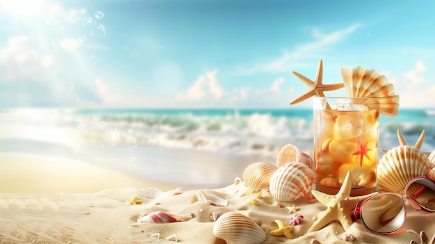 Des dunes de sable au bord de la mer, des coquillages, des sandales, des lunettes de soleil, un cocktail en arrière-plan, une plage.