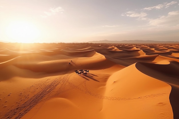 Dunes de sable dans le désert avec des chameaux au coucher du soleil