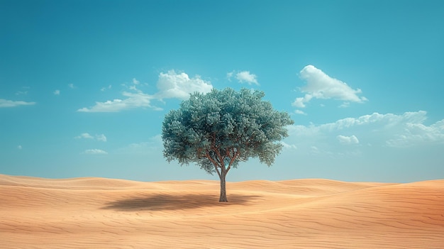 Photo des dunes de sable, un désert, un ciel clair, des arbres, un lac.