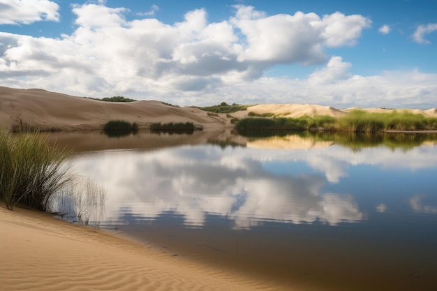 Dunes de sable entourant un lac tranquille avec des reflets du ciel et des nuages sur l'eau