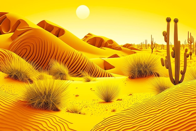 Photo dunes de sable jaune vif dans un paysage désertique avec ai générative de cactus et de dunes de sable