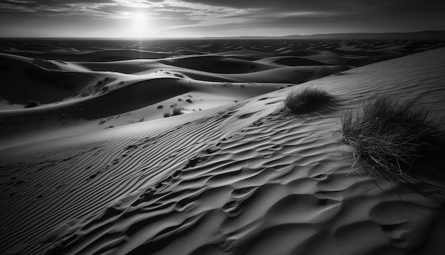 Des dunes de sable majestueuses ondulent sous la chaleur du coucher du soleil générée par l'IA