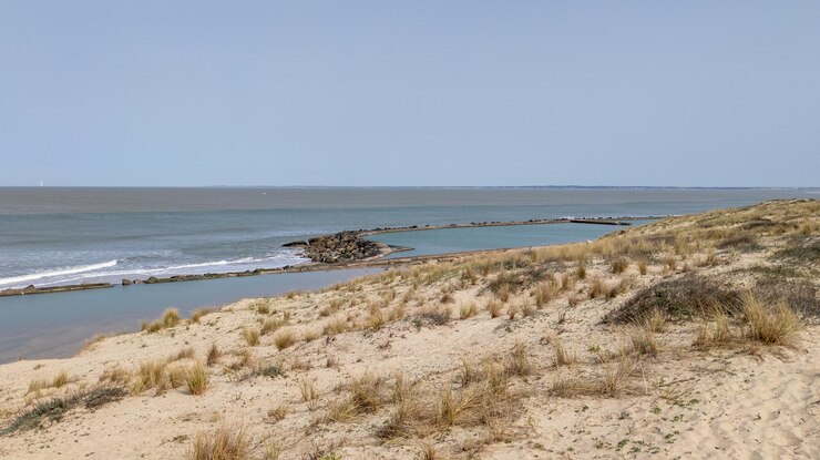Photo dunes de sable de plage naturelles avec de l'eau de mer à soulac-sur-mer en france
