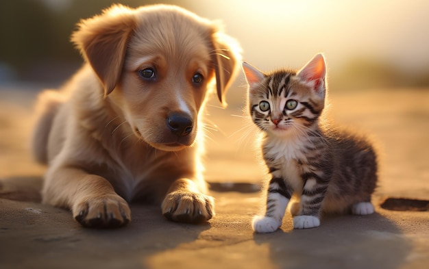 Le duo adorable, le chien enjoué et le chaton mignon regardent la caméra.