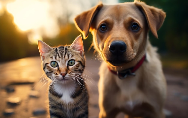 Le duo adorable, le chien enjoué et le chaton mignon regardent la caméra.