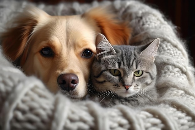 Duo chien et chat enfilant des pulls en tricot torsadé assortis se câlinant à la maison AI générative