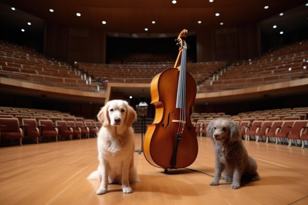 Un duo chien et chat jouant du violon et du violoncelle dans une grande salle de concert créée avec l'IA générative