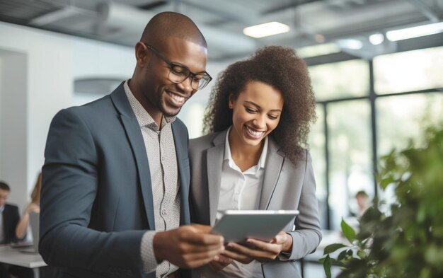 Un duo d'entrepreneurs afro-américains heureux utilisant une tablette au bureau