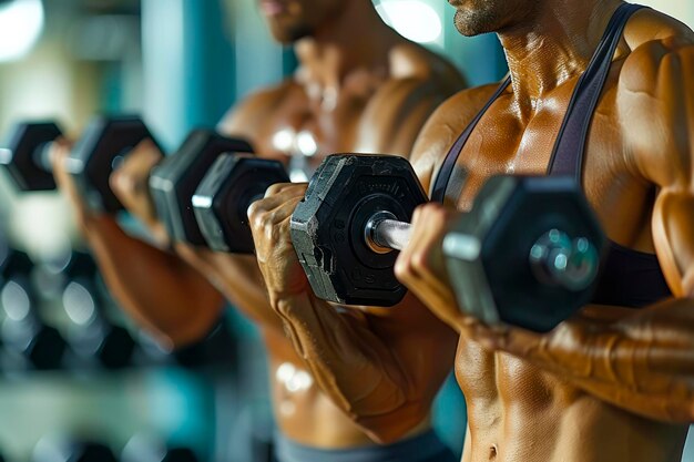 Le duo de fitness fort et sculpté écrasent l'entraînement avec des haltères en classe de gymnastique