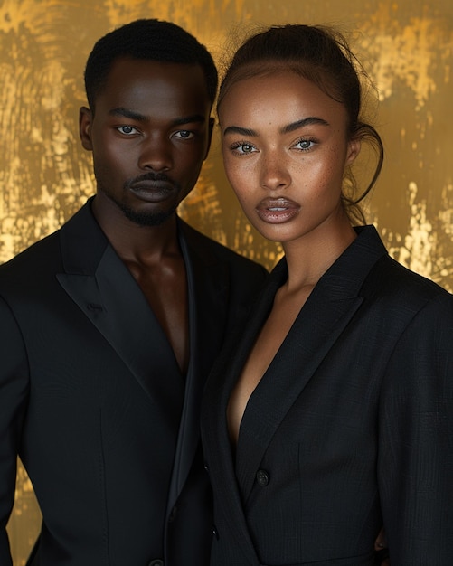 Photo a duo in sleek and modern attire set against background