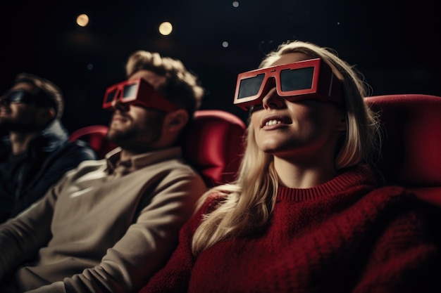 Un duo joyeux avec des lunettes 3D dans un cinéma