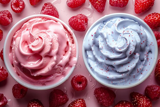 Un duo de saveurs d'été crème glacée fraîche et juteuse fraise et framboise dansent sur le palais
