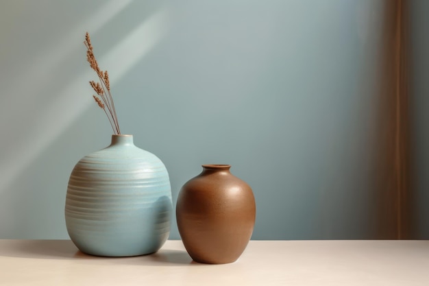 Duo de vases modernes sur fond de mur bleu