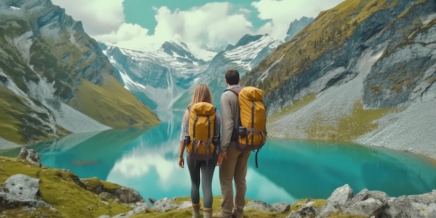 Un duo de voyageurs contemple le lac alpin Concept de mode de vie actif avec voyage Voyage et aventure dans la région montagneuse autrichienne Ai générative