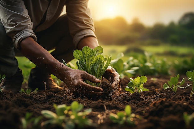 durabilité des agriculteurs et mains avec le sol et les plantes