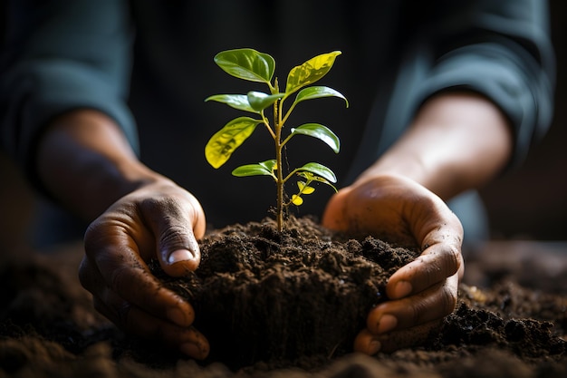 Photo durabilité et environnement avec la main et la plante