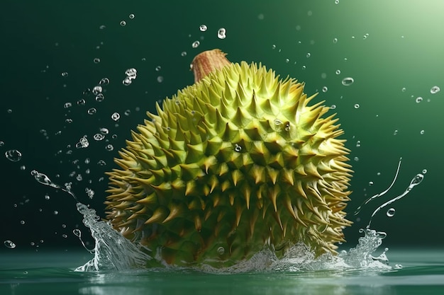 Durian mûr de lévitation avec des éclaboussures de jus de gouttes isolées sur fond vert