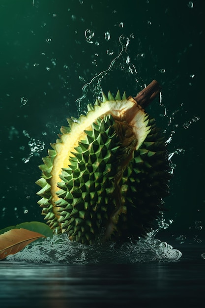 Durian mûr de lévitation avec des éclaboussures de jus de gouttes isolées sur fond vert