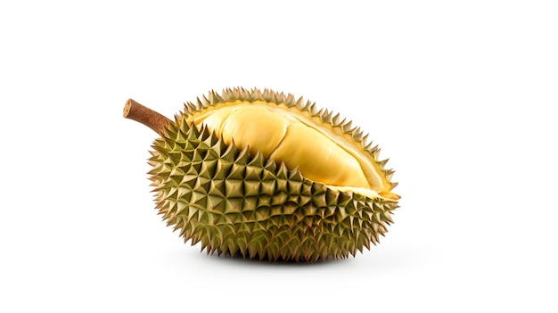 Un durian parfaitement mûr sur un fond blanc