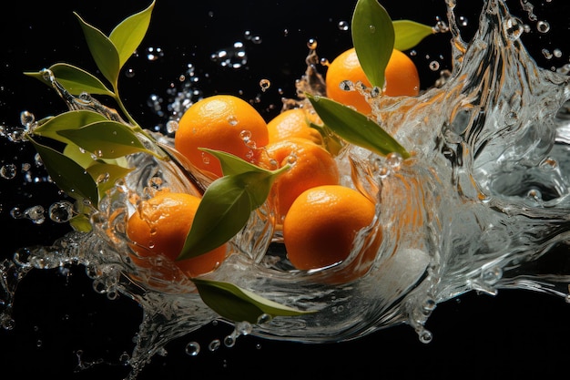 Dynamic Citrus Splash Orange avec de l'eau et du jus sur un fond sombre AI générative