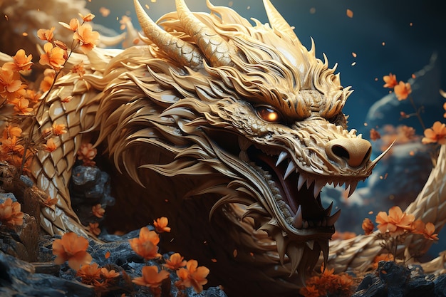 La dynastie dorée en 3D, le dragon d'Asie brillant, bonne année lunaire.