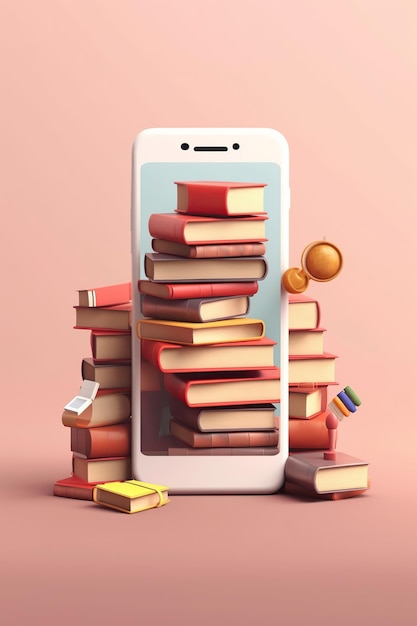 E livres dans le téléphone bibliothèque en ligne style de rendu 3D AI illustration générée