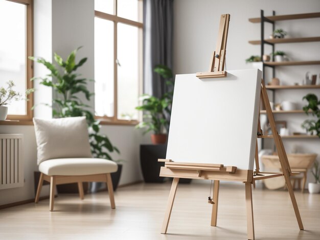 Photo easel en bois avec une toile blanche dans un salon version 5