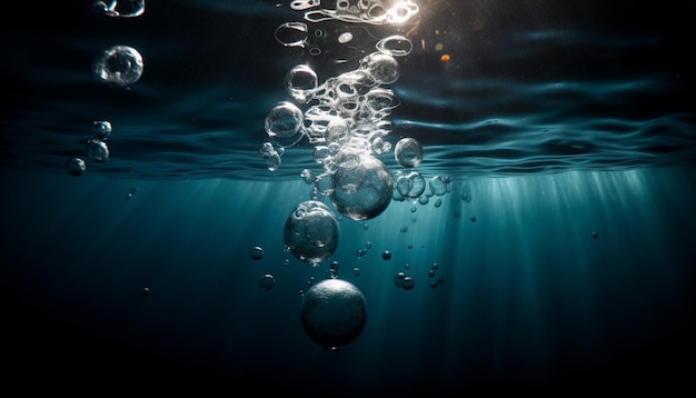 Une eau bleue avec des bulles flottant dans l'eau.