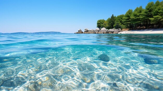 une eau bleue claire avec quelques rochers en arrière-plan