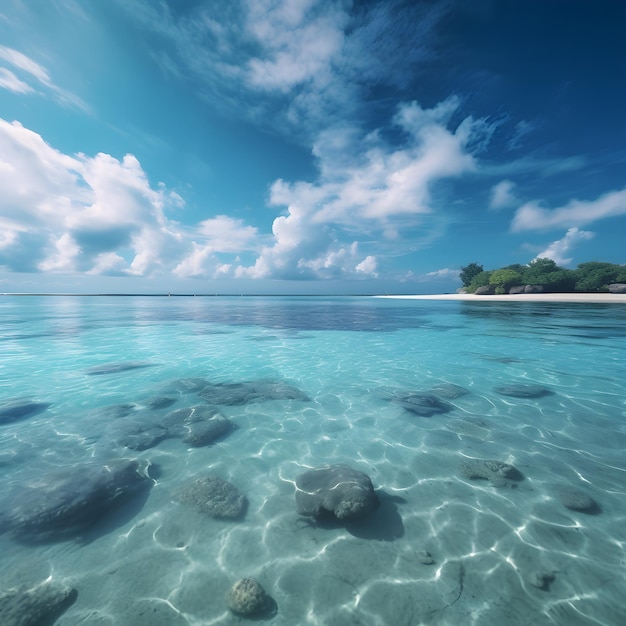 Une eau bleue claire avec des rochers et des arbres en arrière-plan