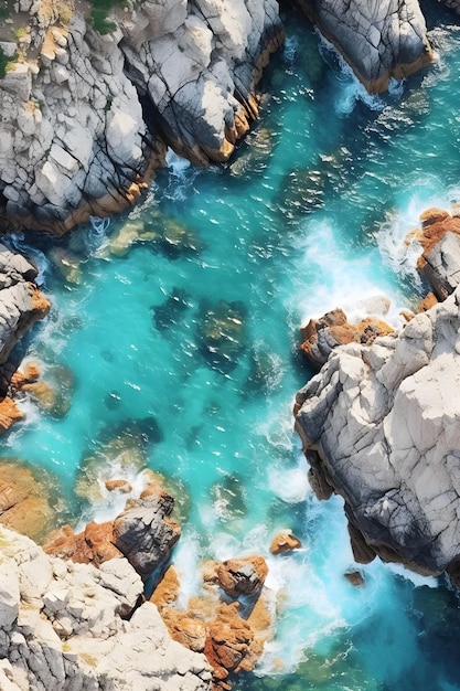 Une eau bleue entourée de rochers