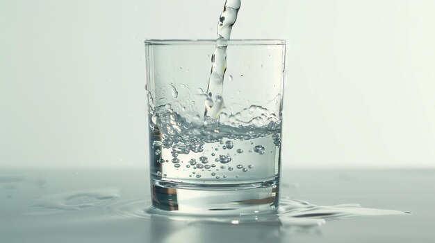 De l'eau en bouteille versée dans un verre transparent sur un fond blanc