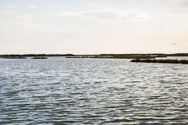 Eau calme de la mer avec quelques petites îles de terre en saillie