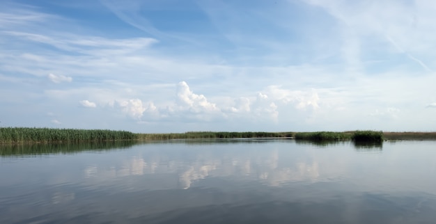 Eau, ciel, roseaux, nuages. Paysage dans le style du minimalisme