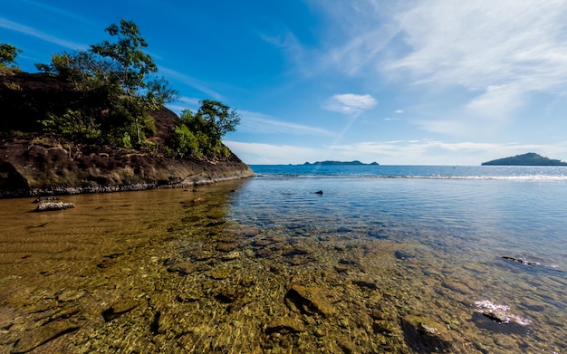 Une eau claire avec une petite île en arrière-plan