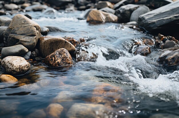 L'eau claire de la rivière coule gracieusement sur des roches lisses et petites, photo de conservation de l'eau