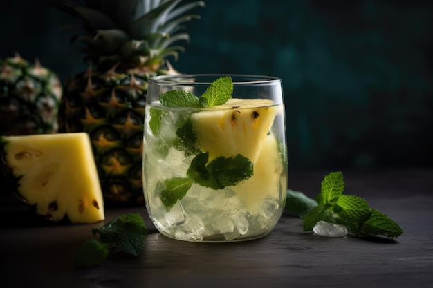 Eau de coco avec des morceaux d'ananas frais et de menthe Generative AI