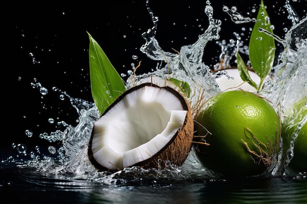 Eau de coco tropicale avec morceaux de noix de coco fraîche