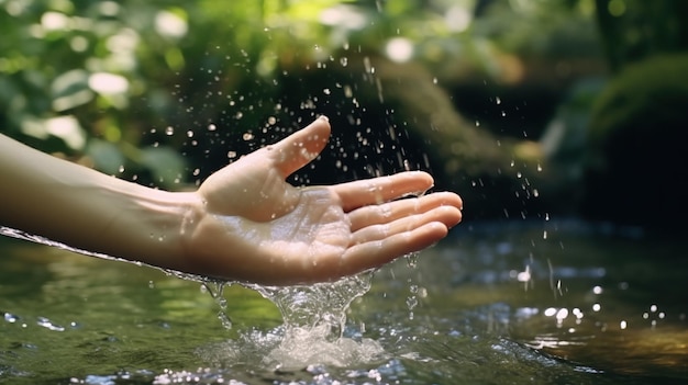 L'eau coule sur la main de la femme sur le fond de la nature IA générative