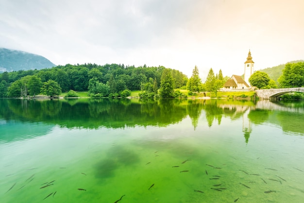 L'eau cristalline et l'église de Sv John the Baptist par le lac de Bohinj en Slovénie